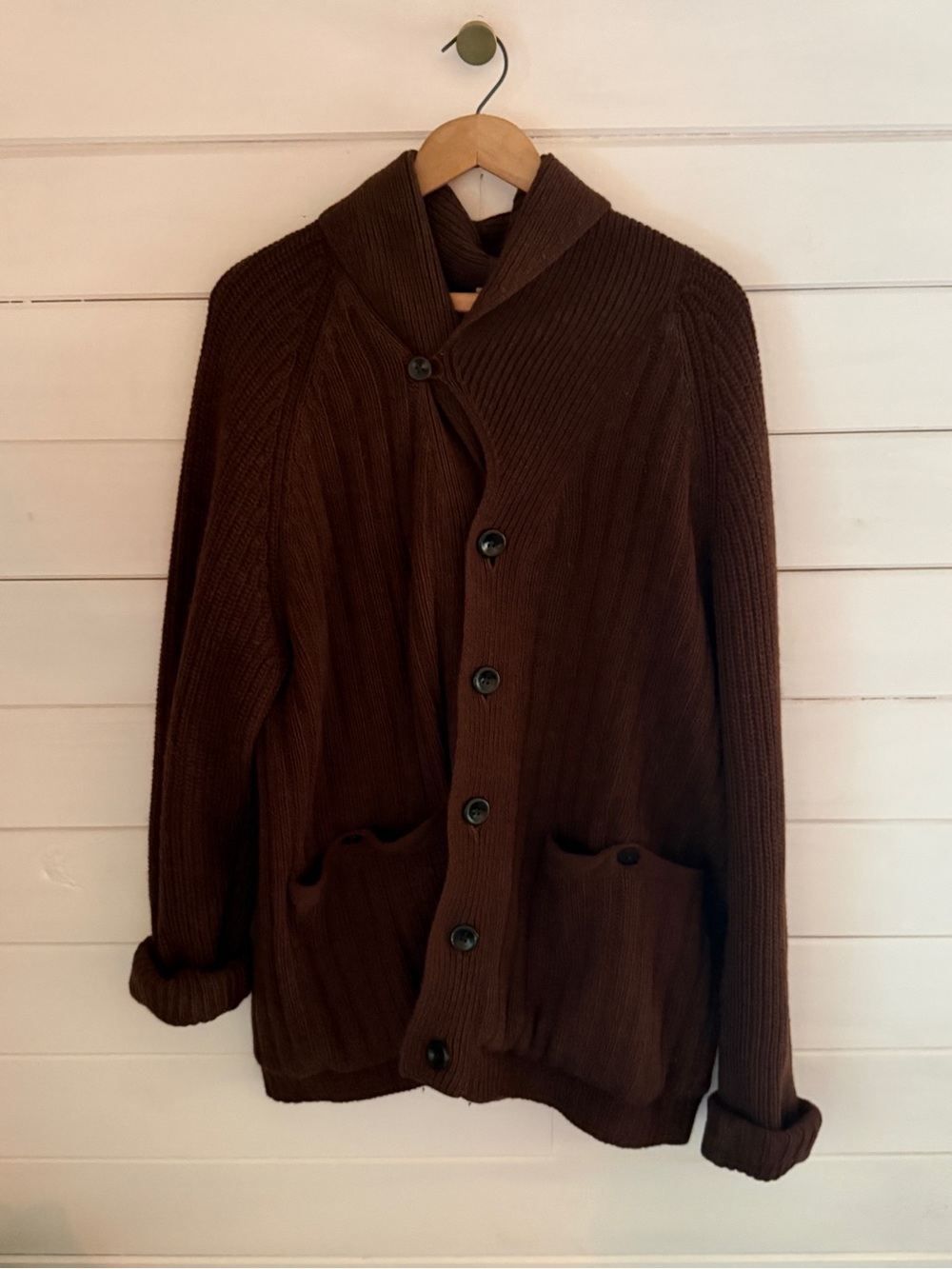 Duluth Trading Woolpaca Shawl Cardigan Men LARGE Plaid Lined Wool Alpaca Brown